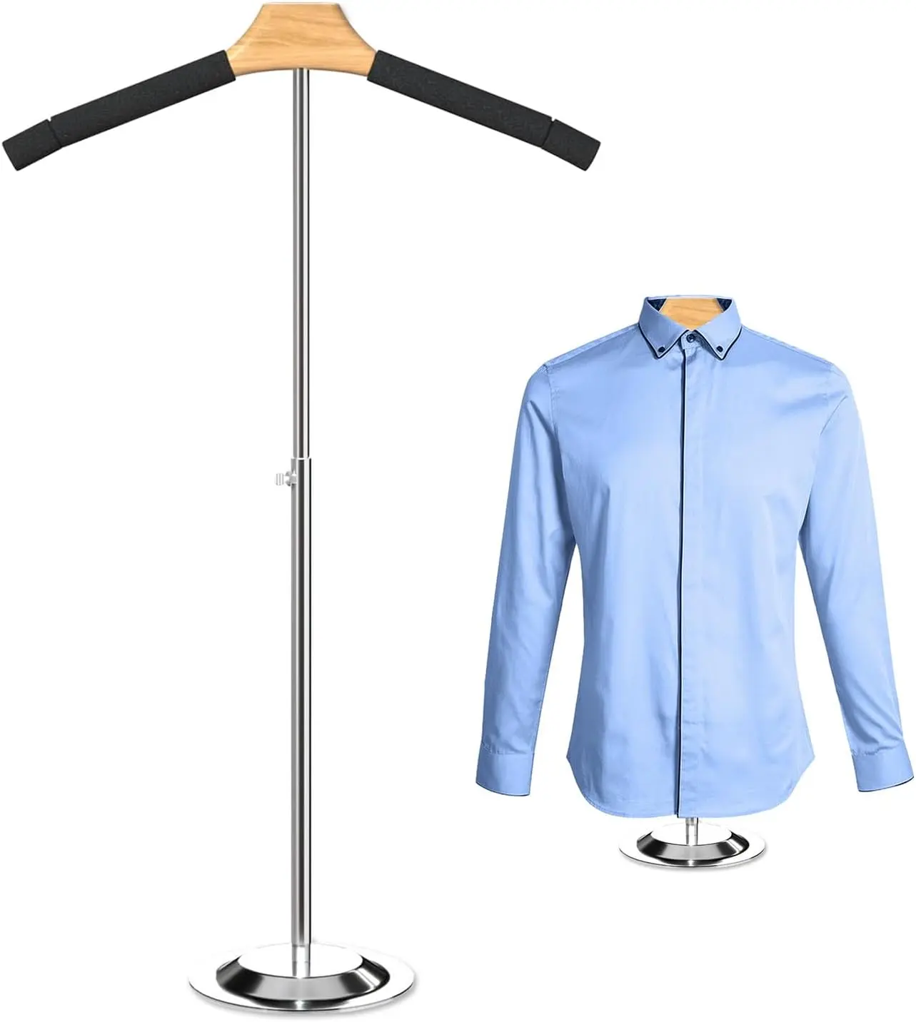 Wooden T-Shirt Display Clothing Rack - 31-in Adjustable Height Floor Standing, Metal Hanger, Easy Installation, Foldable Easy-Carry Extensible Home Organizer for Women's Clothes, Clothing Racks