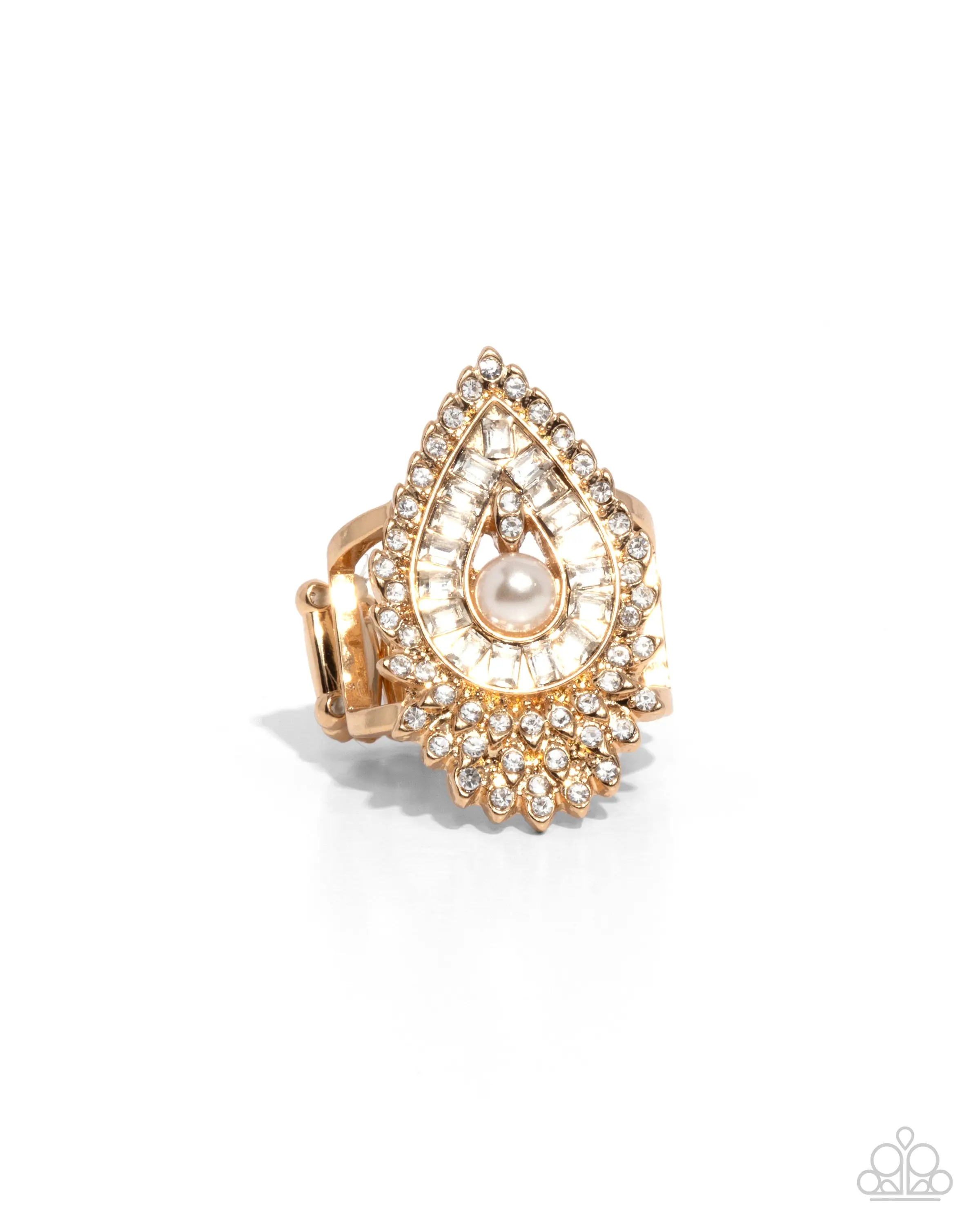 Consistent Charm - Gold White Pearl Gem Teardrop Ring - Paparazzi