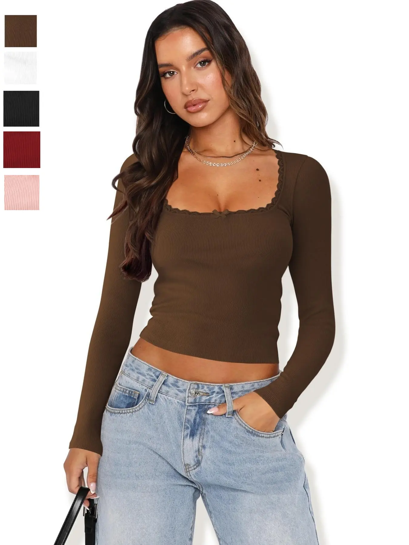 Women's Plain Bow Decor Scallop Trim Crop Tee, Fashion Casual Slim-fitting Long Sleeve T-shirt for Daily Wear, Ladies Spring & Fall Clothes, Tops