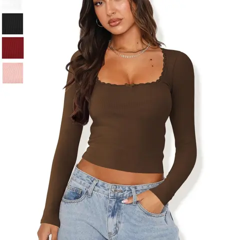 Women's Plain Bow Decor Scallop Trim Crop Tee Fashion Casual Slim-fitting Long Sleeve T-shirt for Daily Wear, Ladies Feminine Spring & Fall Clothes, Tops