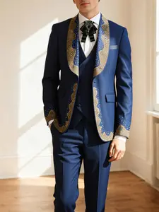 Men’s Luxury 3-Piece Tuxedo Suit – Diamond-Embellished Shawl Lapel, One-Button Slim Fit Design, Available in Blue & Black, Perfect for Weddings, Parties & Formal Events, Formal Wear