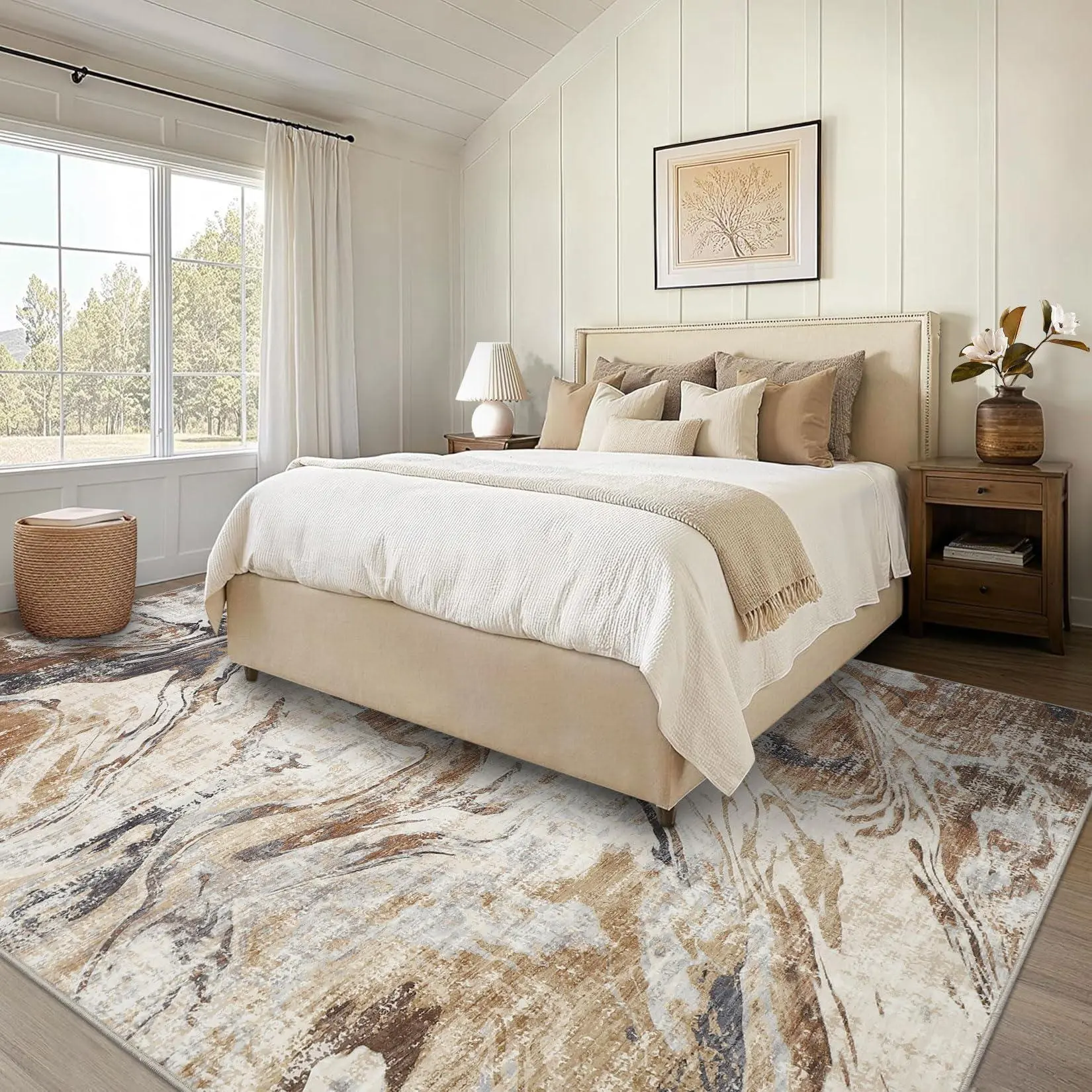 GARVEE 5x7 Machine Washable Runner Rug, Non-Slip Floor Carpet, Modern Abstract Bedside Rug, Low Pile Foldable Area Rug, Soft Rug for Entryway, Bathroom, Laundry Room, Brown