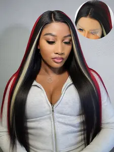 24 Inches Black Skunk Stripe Blonde Highlight Red Synthetic Wig Glueless Long Straight Mixed Colored 13x4 Lace Front Wigs, Lace Frontal Wigs For Women Pre Plucked With Baby Hair 180% Density, Adjustable Drawstring Cap & HD Lace, Unisex