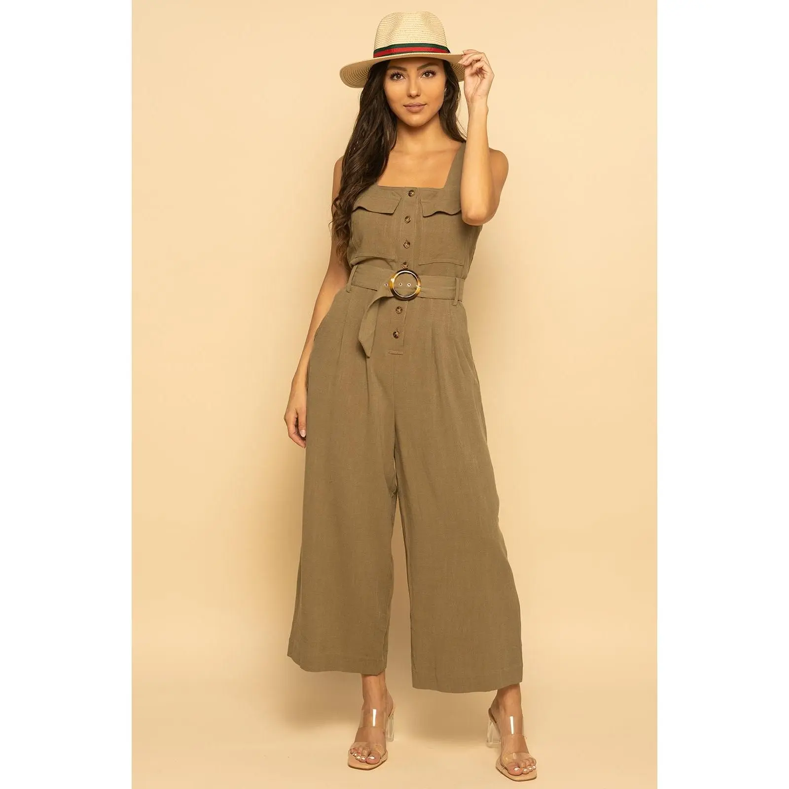 Green Belted Utility Linen Button Down Sleeveless Jumpsuit