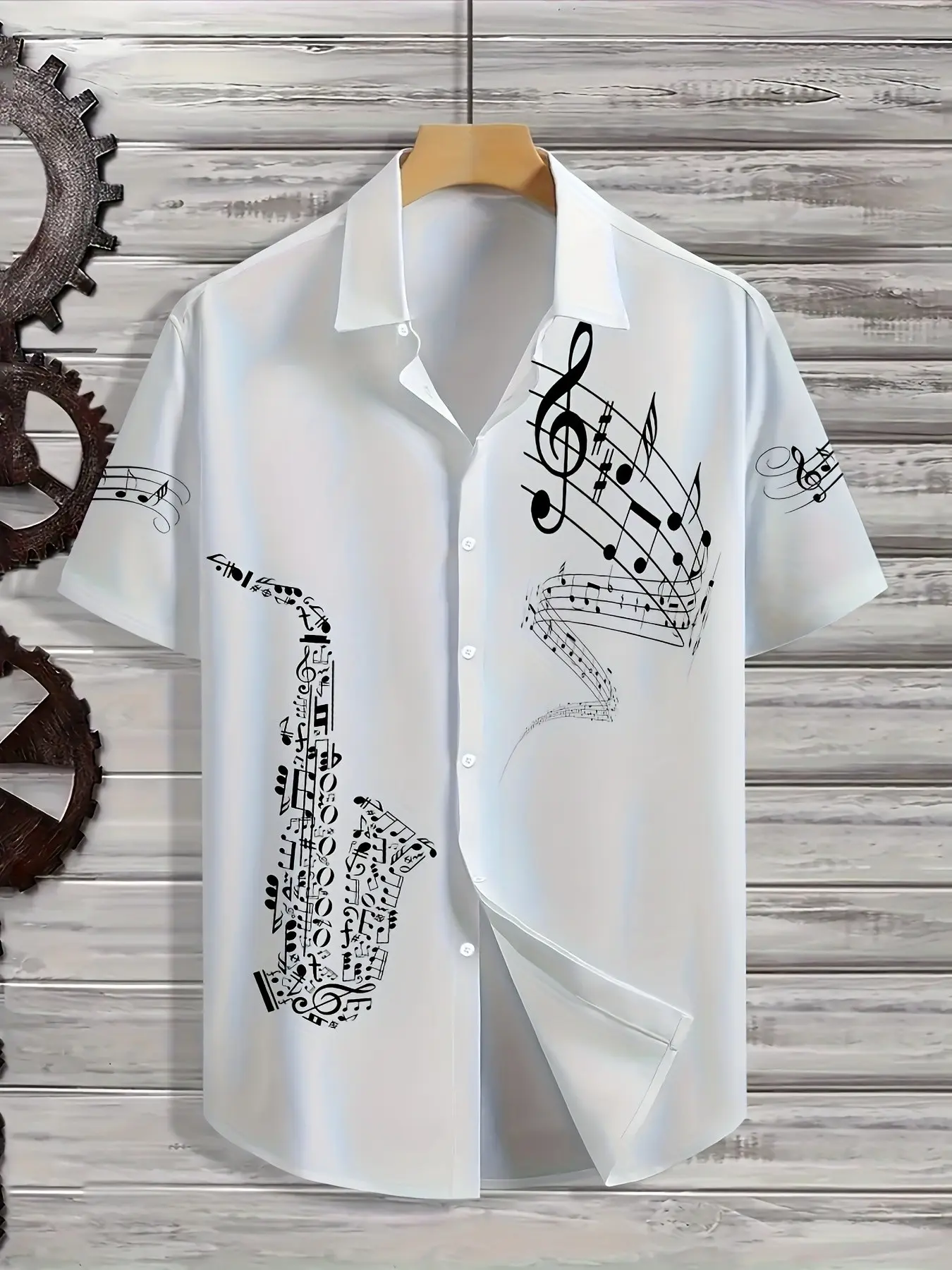 Men's Short Sleeve Shirt, Button Up Shirts, Menswear, Aesthetic, Music Art Style, Saxophone Print, Summer Casual Top, Fitted Design, Perfect for Daily Wear, Printed Shirts