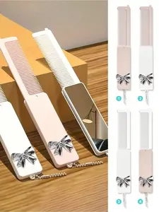 1-piece 2-in-1 foldable comb and makeup mirror, with Y2K style silver 3D bow decoration, cute bow portable comb with mirror keychain, for women and girls, can be used as a keychain bag charm, portable