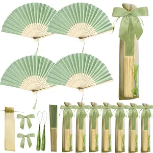 20Pcs Set Green Wedding Favor Fan Set, Women Handheld Silk Folding Fans with Green Bows and Tassels, Gift Bags Included, DIY Decorative Gifts for Ladies, Wedding Party Decor, Bridal Shower Favors, Wedding Souvenirs, Birthday Gifts, Bridesmaid Photo Props,
