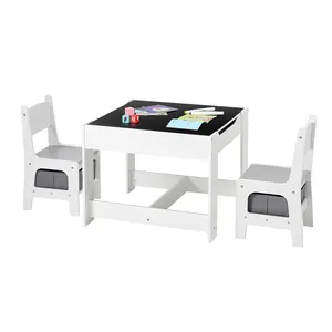 VEVOR Kids Table and 2 Chairs Set, Toddler Table and Chair Set with Storage Space under the Table, Cloth Storage Box under the Chairs, Wooden Desk for Art, Craft, Reading, Learning, Drawing, White