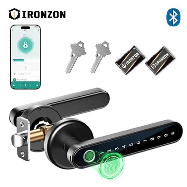 IRONZON 191Y 4-in-1 Smart Fingerprint Door Handle with App Control - Keyless Black Bedroom Door Knob Lock, Keypad, 1-tap Privacy Mode, Auto-Lock, Easy Installation