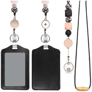Retractable Lanyards for ID Badges and Keychain with PU Leather Holder Teacher Lanyards Breakaway for Women Black