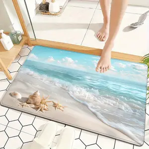 Ocean Starfish Shell Beach Floor Mat Blue Ocean Coastal Pattern Flannel Doormat Non Slip Washable Indoor Rug For Kitchen Bathroom Laundry Room Home Decor Ocean Themed Aesthetic Entrance Floor Carpet Non-Slip absorbent water