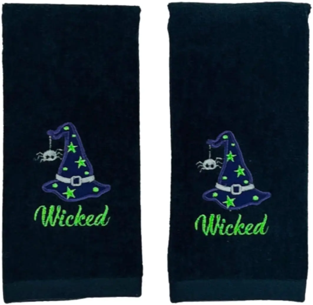 Serafina Home Halloween Bathroom Towels – 2 pc Set Black Fingertip Towels with Wicked Witch Hat – 12"x 18" Soft Plush Cotton – Spooky Decorative Bath Fall Décor