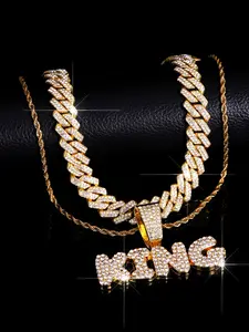 Exquisite Cool Iced Out Blingbling Letter K King Crown Pendants, Stainless Steel Cuban Chain Necklace Set, Elegant Necklace, Daily Wear Jewelry