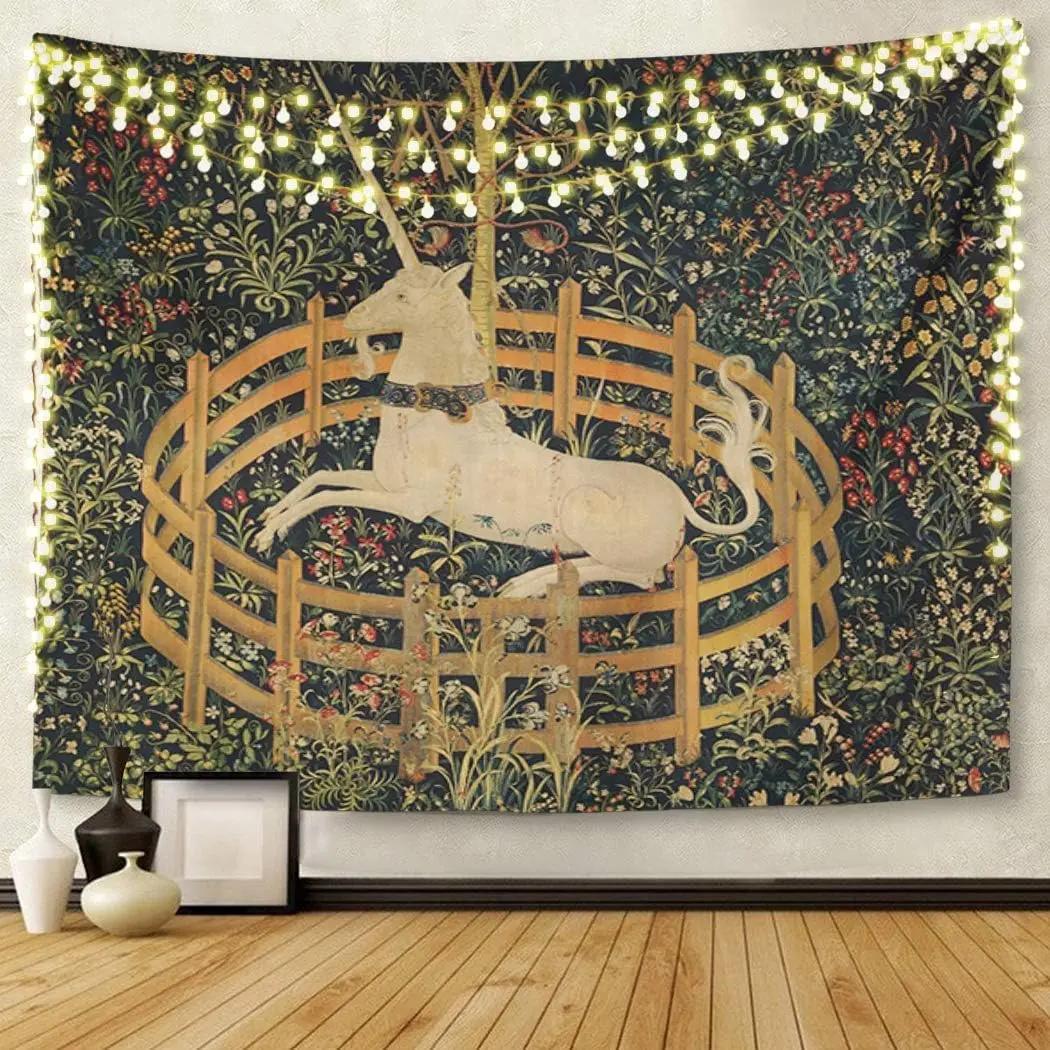 Tapestry Artwork Wall Hanging Medieval Vintage Hunting Unicorn Captivity Him Her 60x80 Inches Home Decor Tapestries Mattress Tablecloth Curtain Print Flowers Led