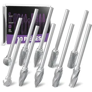 10 count Carbide Burr Set Compatible with Dremel Rotary Tool with 1/8" Shank Metal  Carving Bits Double Cut   Bits for Milling Engraving Deburring Drilling Tungsten Carbide