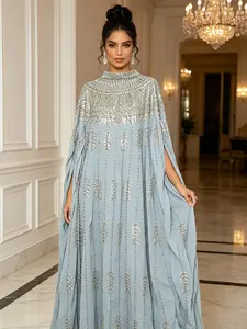 Women's Luxurious Light Blue Abaya Long Dress, Silver Color Sequins, Batwing Sleeves, Elegant Kaftan Evening Gown, Wedding Party Wear