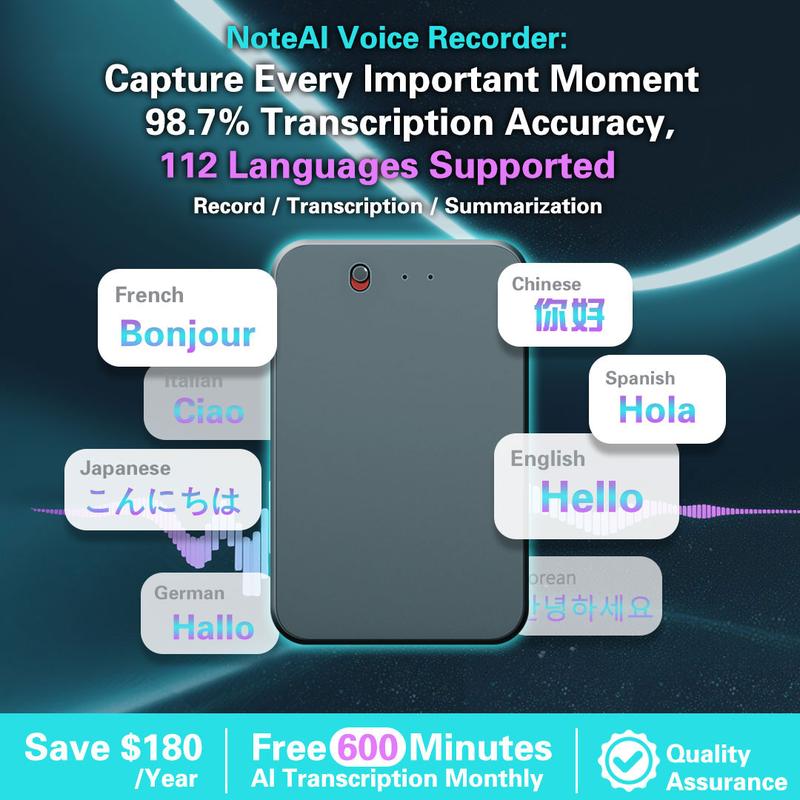 NoteAI Voice Recorder - voice notes, 112-Language Real-Time Transcription & Translation, Tri-Mode Noise Cancellation, 15H Battery, 64GB/32GB, AI Summary for Meetings & Interviews Recording Durable Audio Magnetic mini speaker