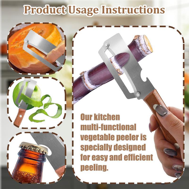 Premium Vegetable Peeler with Wooden Handle and Bottle Opener Stainless Steel Blade Kitchen Tool for Fruit Apple Potato Pumpkin Papaya Zucchini