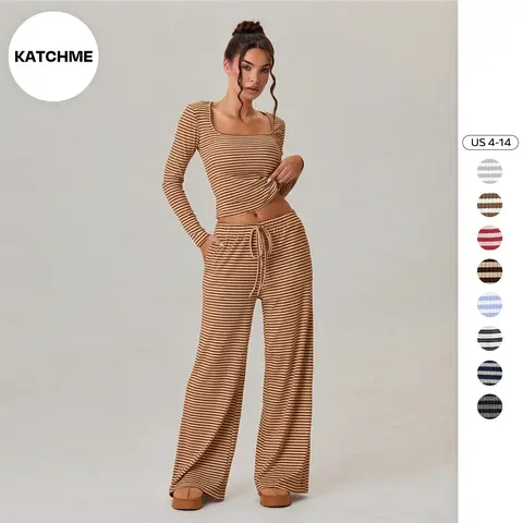 Katch Me Chic(US/CN)Women's Versatile Square Neck Stripe Long Sleeve Crop Top & Low-Rise Wide Leg Trousers Co-ord, Soft Breathable High Stretch Outfits, Summer Sets
