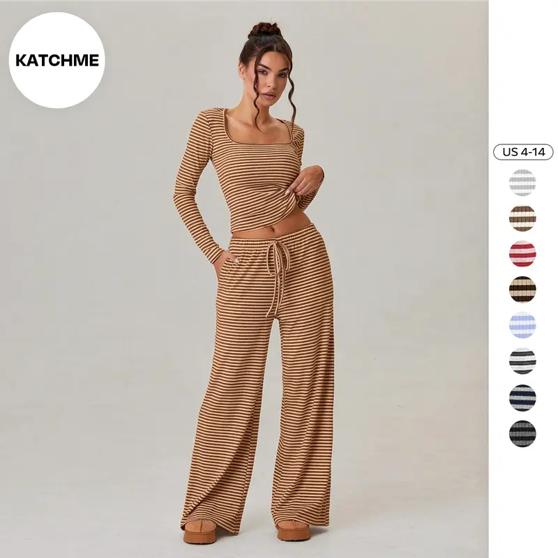 Katch Me Chic(US/CN)Women's Versatile Square Neck Stripe Long Sleeve Crop Top & Low-Rise Wide Leg Trousers Co-ord, Soft Breathable High Stretch Outfits, Summer Sets