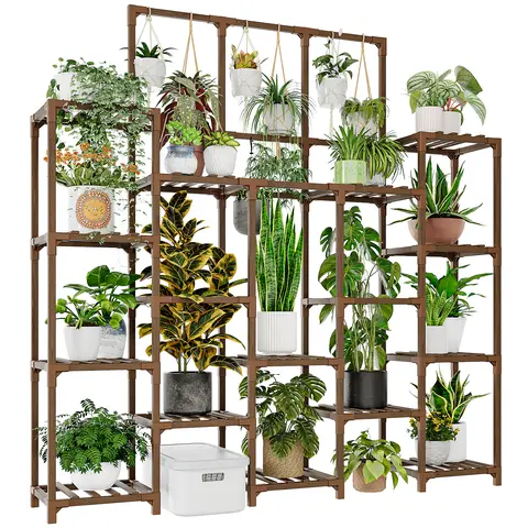 Bamworld 14-Tier 63" Tall Heavy-Duty Carbonized Eucalyptus Elevated Wooden Planter Stand - 20-Pot Capacity, Hanging Planter, Easy Assembly, Plant Risers, Small-Space Saver for Living Room, Outdoor Succulents/Flower Containers