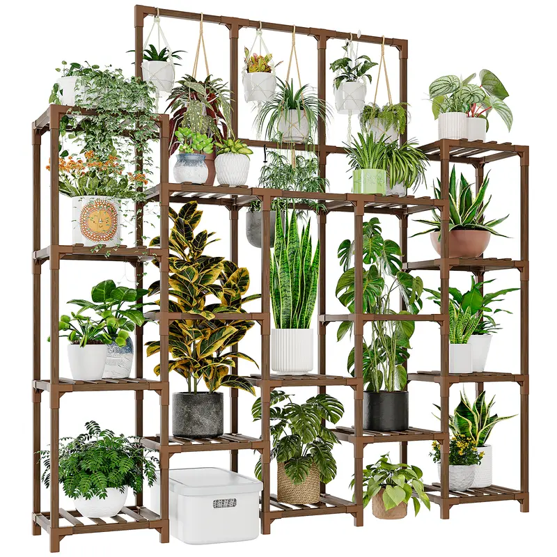 Bamworld 14-Tier 63" Tall Heavy-Duty Carbonized Eucalyptus Elevated Wooden Planter Stand - 20-Pot Capacity, Hanging Planter, Easy Assembly, Plant Risers, Small-Space Saver for Living Room, Outdoor Succulents/Flower Containers