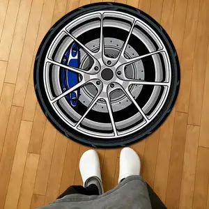 Round rug with car tire pattern design, black living room rug, Decorative area rug, home decor rug, reflective short-pile comfortable mat, holiday gift, suitable for living room, bedroom, dining room