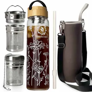 32oz Glass Fruit Tea Infuser Water Bottle with Bamboo Lid, 2 Tea Infuser Sets, Neoprene Sleeve, and Plastic Straw