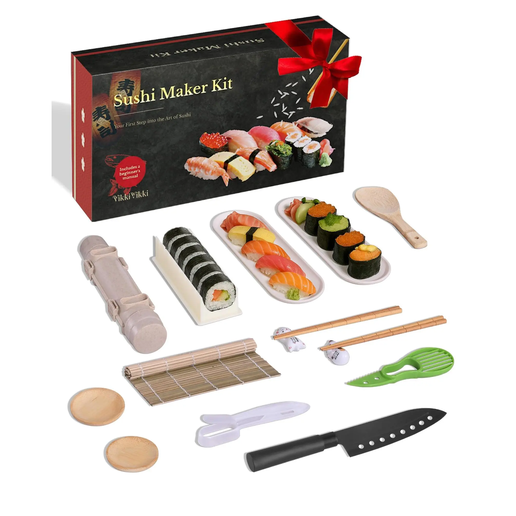Sushi Making Kit, 15 in 1 Sushi Roller Kit for Beginners with Sushi Bazooka, Bamboo Mat, Onigiri Gunkan Mold, Sushi Knife & Video Guide
