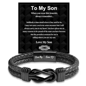 Love My Son Leather Bracelet, Magnetic Clasp Twisted Titanium Steel Braided Wristband, Vintage Stainless Steel Bracelet for Men