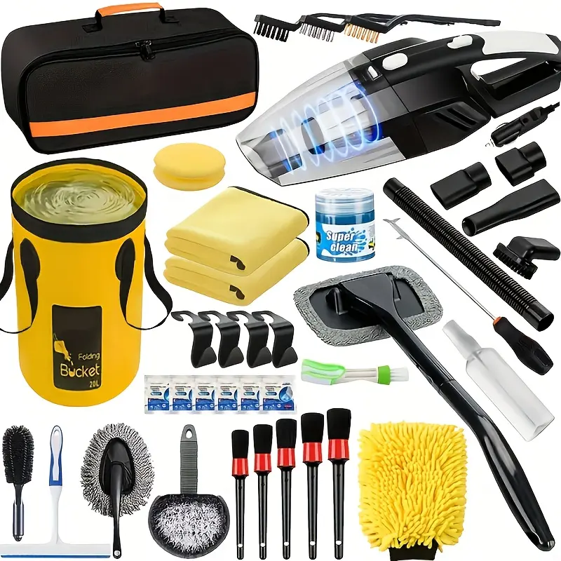 41pcs Car Cleaning Wash Kit Interior Detailing With High Power Handheld Vacuum Collapsible Bucket Windshield Tool Clean Gel Snow Shovel Tire Brush