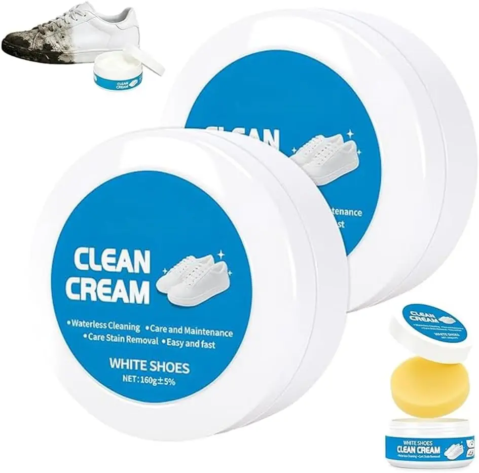 2PCS White Shoes Clean Cream, Multipurpose No-Wash Solid Cleaning Paste with Sponge, White Shoes Cleaning Cream for Leather Sneakers Soles