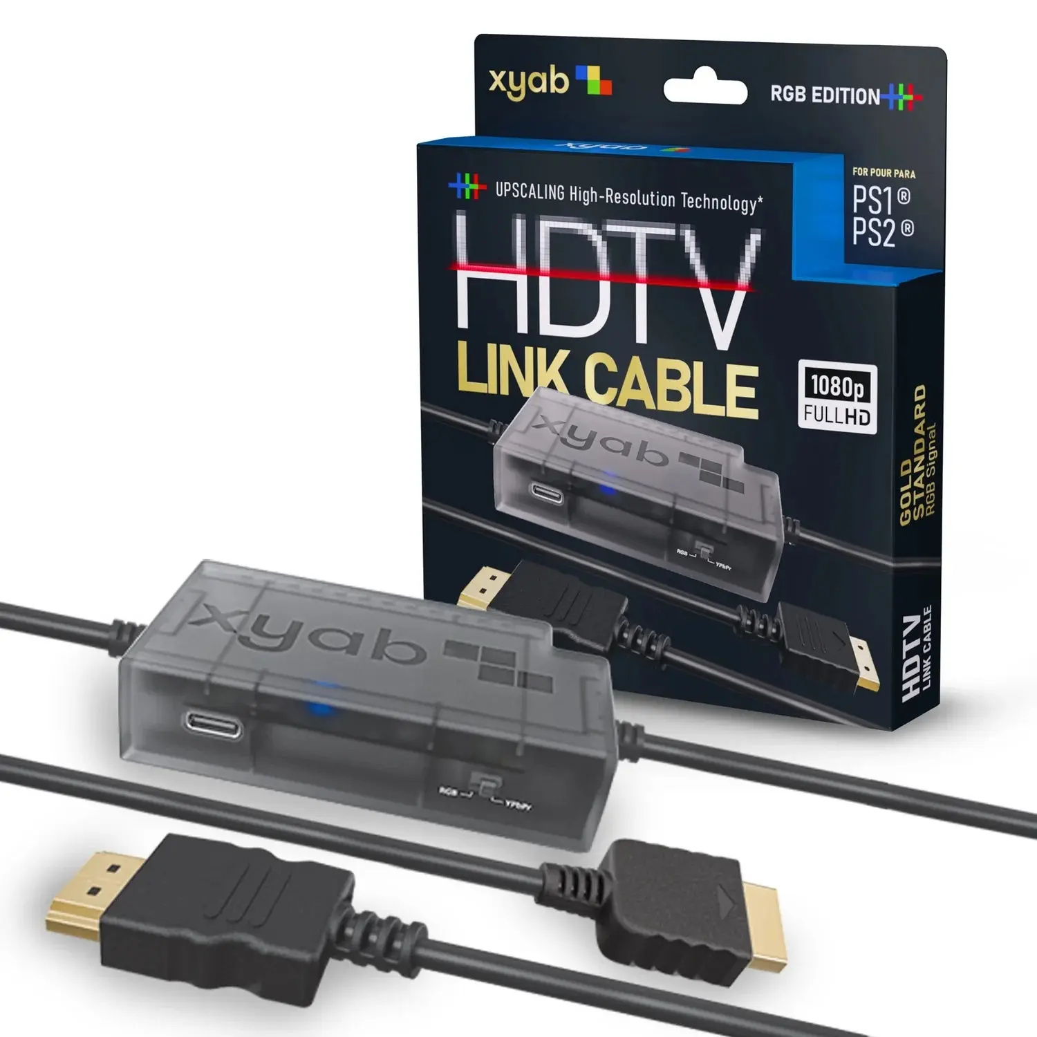 RGB+ HD Link Cable Adapter Plug - USB Gaming Console Accessory for PS1/PS2, FullHD Support, HDTV Upscaling