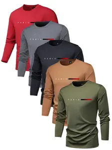 Men's 5-Pack Spring/Autumn Thin Long-Sleeve T-Shirts with Parisian Letter Print - Stylish Casual Sporty Outfits for Running Basketball Gym Wear Great Value Gift for Husbands Boyfriends