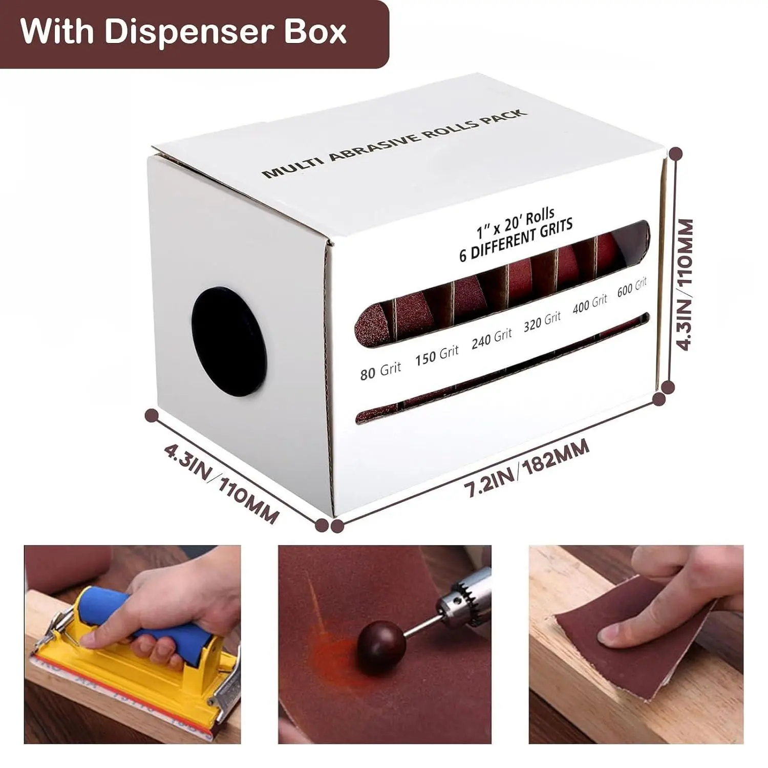 6-in-1 Wet-Dry Sandpaper Rolls with Dispenser Box, 1”x20ft Aluminum Oxide Abrasive Emery Cloth Set with Multiple Grains, for Wood/Metal, Auto Rust Removal, Deburring & Polishing