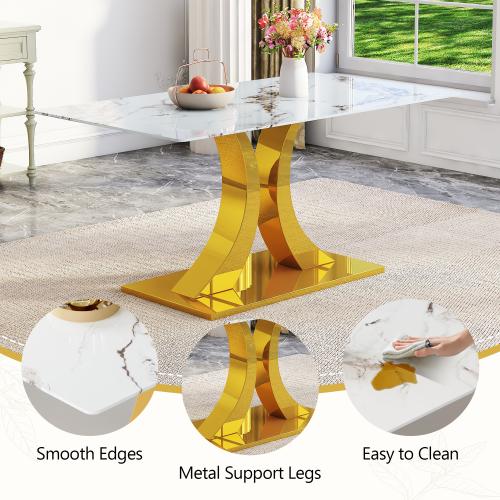 Bellemave Marble patterned tempered glass dining chair set (gold decoration): 63 inch dining table+4 modern minimalist style dining chairs Bellemave Marble patterned tempered glass dining chair set (gold decoration): 63 inch dining table+4 modern minimalist style dining chairs