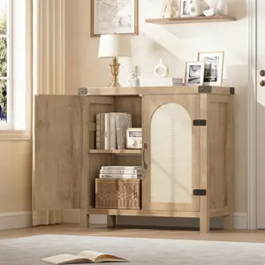 Rattan Sideboard Buffet Cabinets with Storage, Farmhouse Kitchen Accent Storage Cabinet, Boho Wooden Coffee Bar Cabinet for Dining Room, Living Room, Hallway