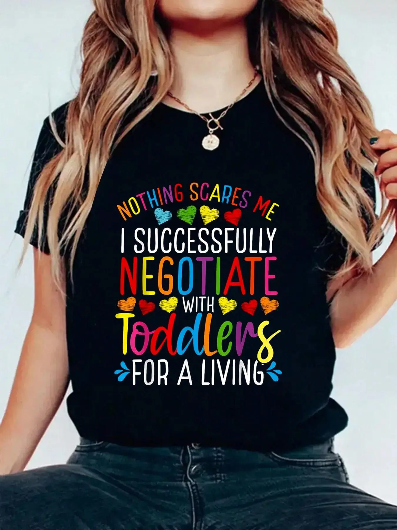 Teacher Graphic T-Shirt for Women, "I Negotiate With Toddlers" Casual Loose Style Floral Print Cotton Shortsleeve Top, Jackets, All Seasons