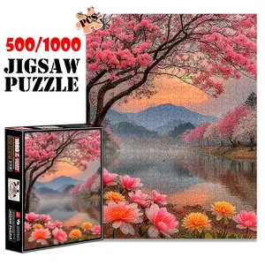 1pc 1000 piece adult puzzle 70x50cm Pink Blossom Trees by Lake with Mountain View 500 pieces of paper jigsaw puzzle, suitable for adults and families, large-scale DIY puzzle interactive toy games,