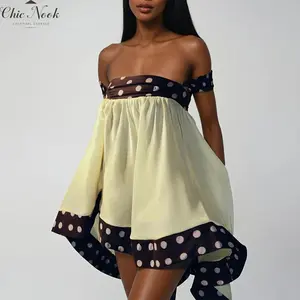 Women's Elegant Ruffled Irregular Hem Polka Dot Print Patchwork Mini Swing Dress For Streetwear