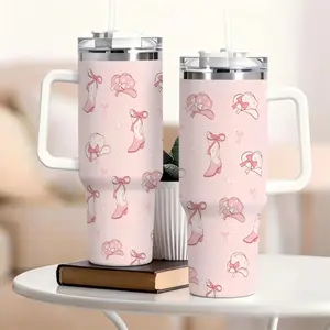 40oz Pink Cowgirl Tumbler with Handle & Straw, Stainless Steel Insulated Travel Mug, Reusable Hot Cold Coffee Cup, Western Cowboy Hat Boot Design, Cute Gift for Women, Mother's Day, Birthday, Home Office Use