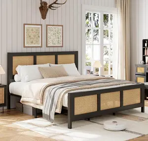 Rattan Bed Frame with Headboard, Full Size Bed Frame with Strong Metal Slats Support, Noise-Free Design, No Box Spring Needed, Black