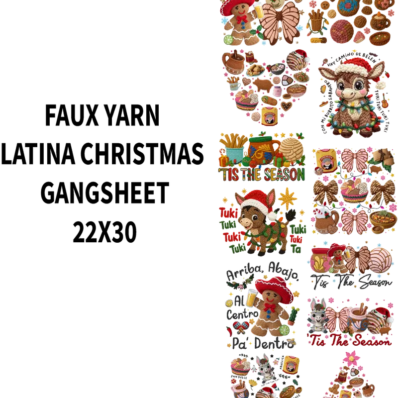 FAUX YARN LATINA CHRISTMAS DTF GANSHEET FOR SHIRT MAKING with Festive Gingerbread Design and Vibrant Colors
