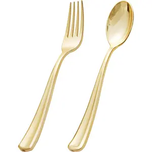 200-piece set of gold plastic cutlery - heavy-duty disposable cutlery set - 100 gold plastic forks and 100 spoons, suitable for catering, parties, dinner parties, weddings