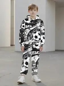 Boys' Football Hooded Set, Sporty Sweatshirt & Pants Two-Piece, Slim-Fitting Casual Style, Spring & Fall Wear