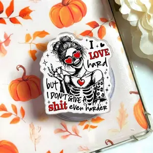 Funny Sassy Skeleton I Love Hard Phone Grip Clear Acrylic Griptok - Aesthetic Edgy Baddie Cell Phone Stand Holder, Heart Sunglasses Messy Bun Finger Ring Grip Accessory, Whimsical Sarcastic Quote Gift for Bad Girls