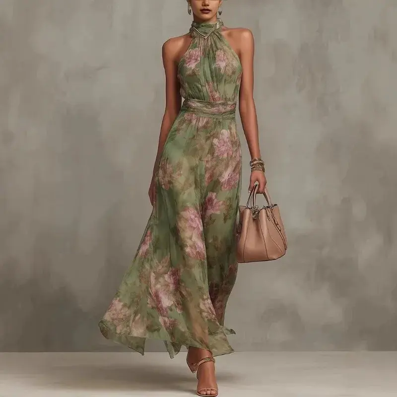 Elegant Ruched Mesh Maxi Dress – Printed Split Cami Style