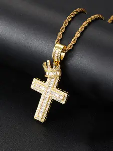 Trendy Hip Hop Crown Iced Out Cross Pendant Necklace, Cross Chain Design, Perfect Gift for Special Occasions, Unisex Fashion Jewelry, Copper Chain, Zircon Gemstone