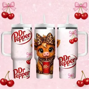 Dr Pepper 40oz Insulated Tumbler Tumbler With Handle, Cute Pig Cherry Bow Aesthetic Cup, Pink Girly Kawaii Animal Travel Mug, Stainless Steel Vacuum Reusable Drinkware, Soda Lover Gift For Her, Trendy Coquette Style Cute Tumbler For Daily Use
