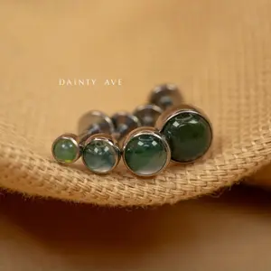 20G/18G/16G Moss Agate Natural Stone Push Pin Labret • Threadless Flat Back Earring • Tragus • Cartilage • Titanium